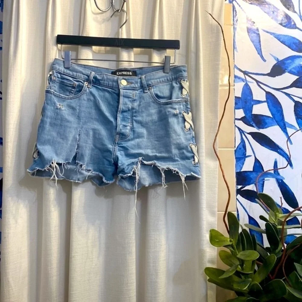 Women’s Express Shortie Vintage High Rise Button-fly Distressed Blue Jean Shorts